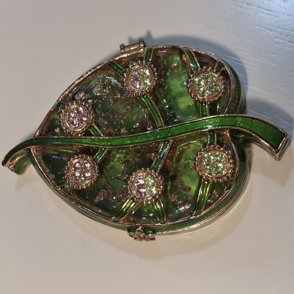 🌱Green Leaf Enamel Jeweled Rhinestone  Glass Trinket Box Versailles Vintage - Picture 2 of 9